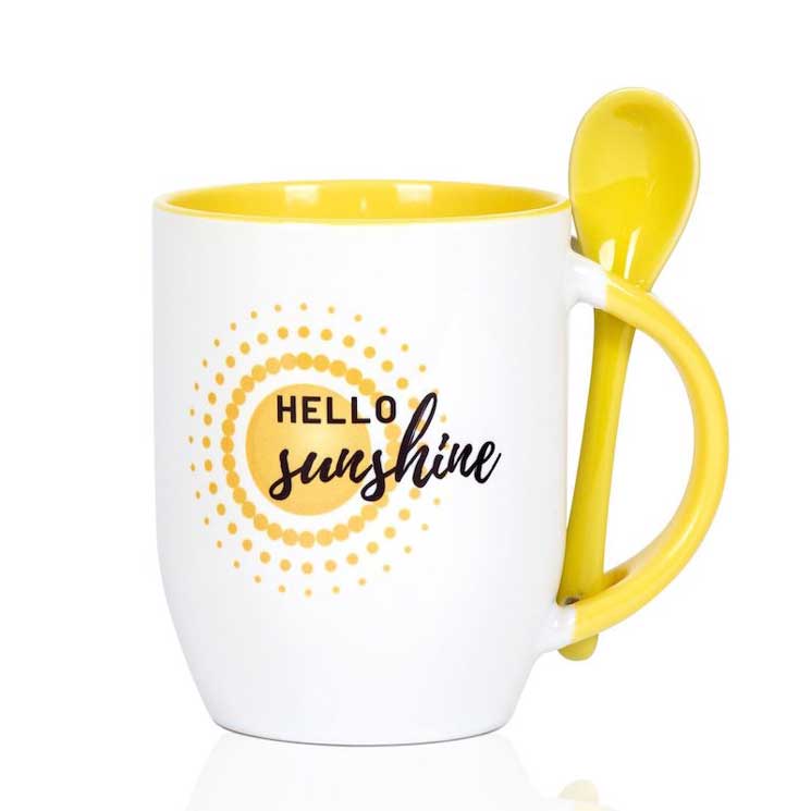 branded mug mock up by ship sunshine, white mug yellow handle and spoon