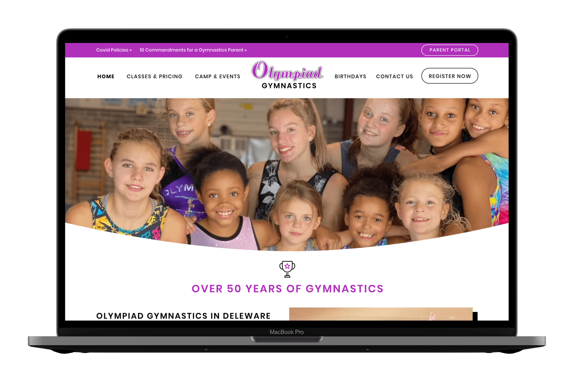Olymiad Gymnastics mockup of website on a laptop.
