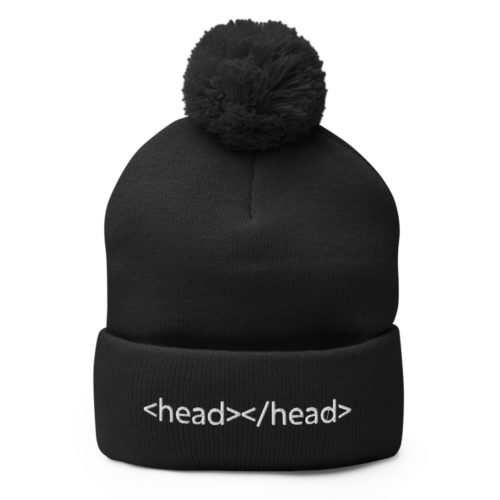 A black embroidered beanie with a pom pom on top saying head