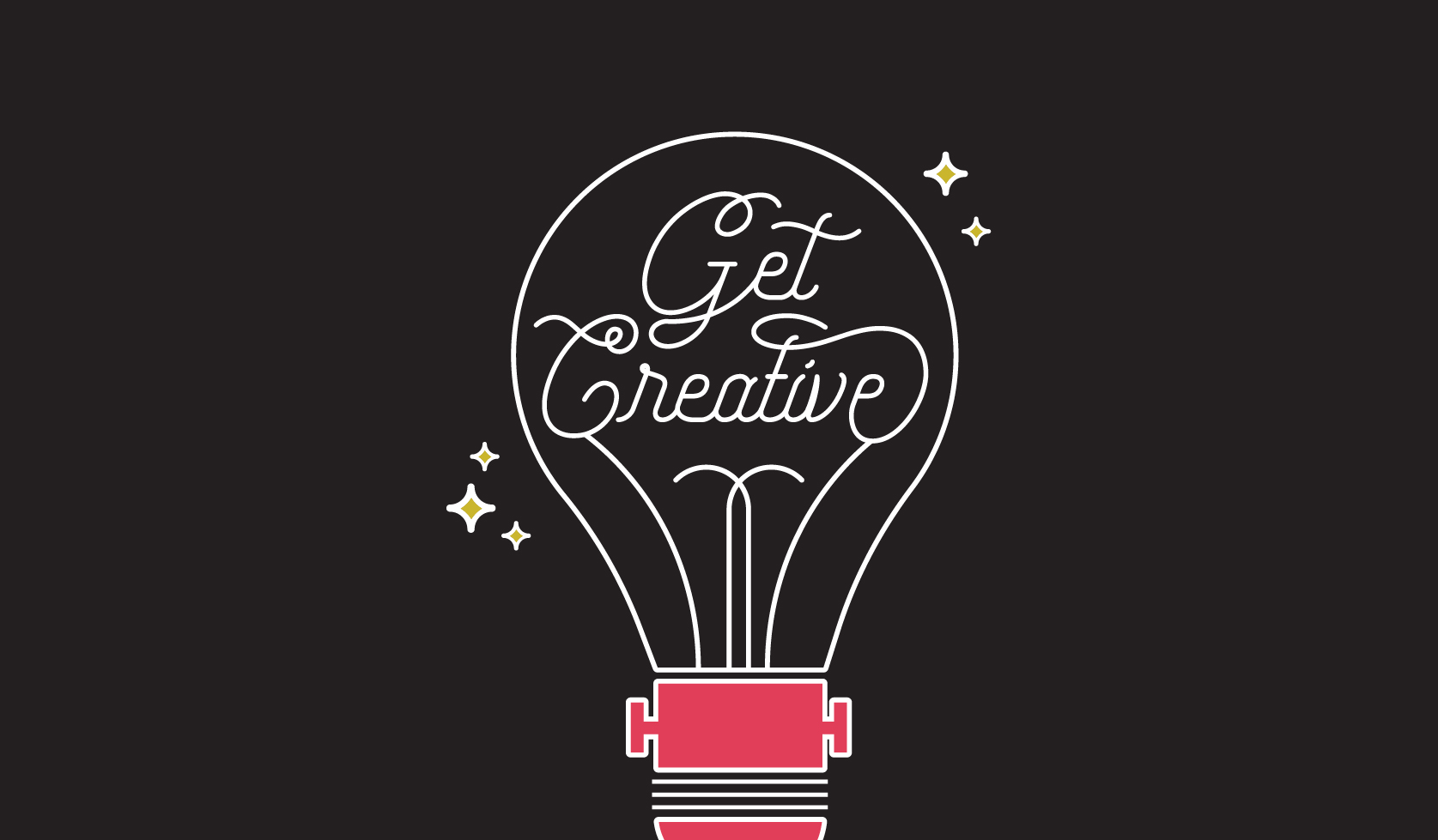 A line illustration of a light bulb with the words "Get Creative" inside.