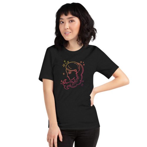A Virgo Zodiac Unisex T Shirt with a maiden design on the front