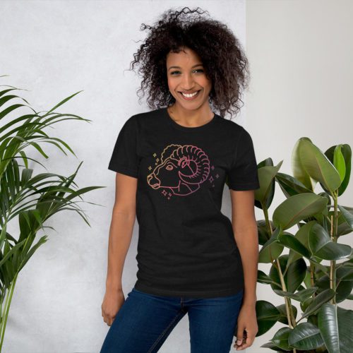 An Aries Zodiac Unisex T Shirt with ram design on the front