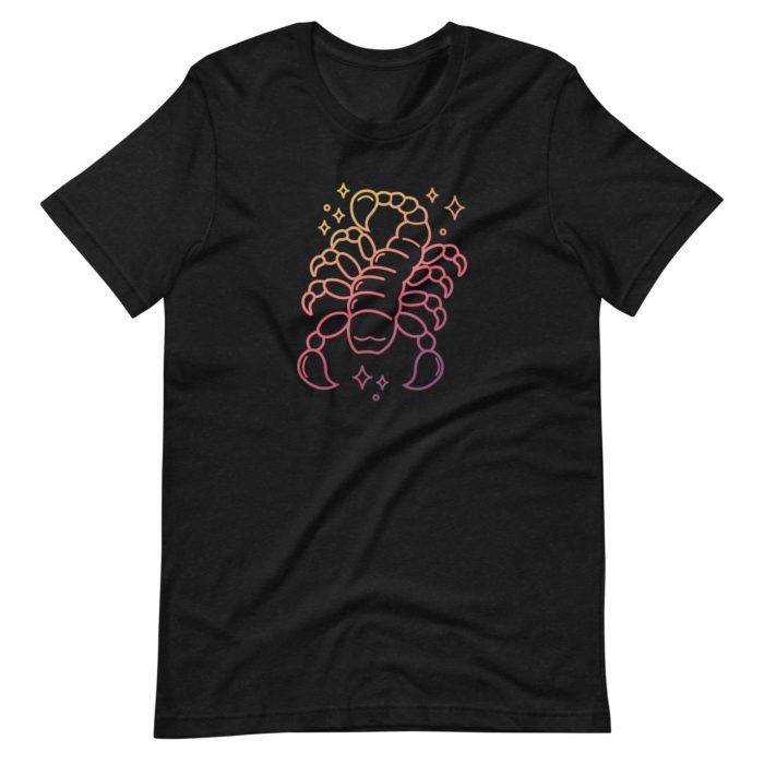 A Scorpio Zodiac Unisex T Shirt with a scorpion design on the front