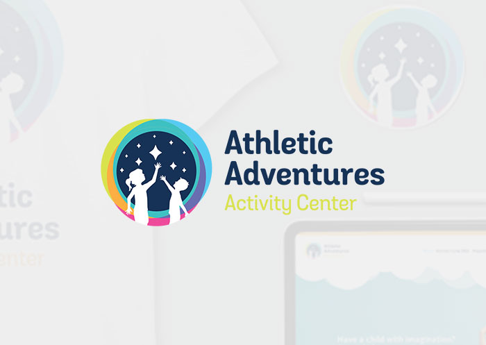 The Athletic Adventures logo over top a faded image of their brand elements.