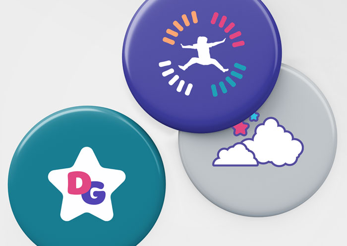 Brand elements from Defying Gravity shown on three buttons.