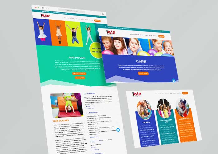 Homepage and class page design for the RAD Gymnastics website.