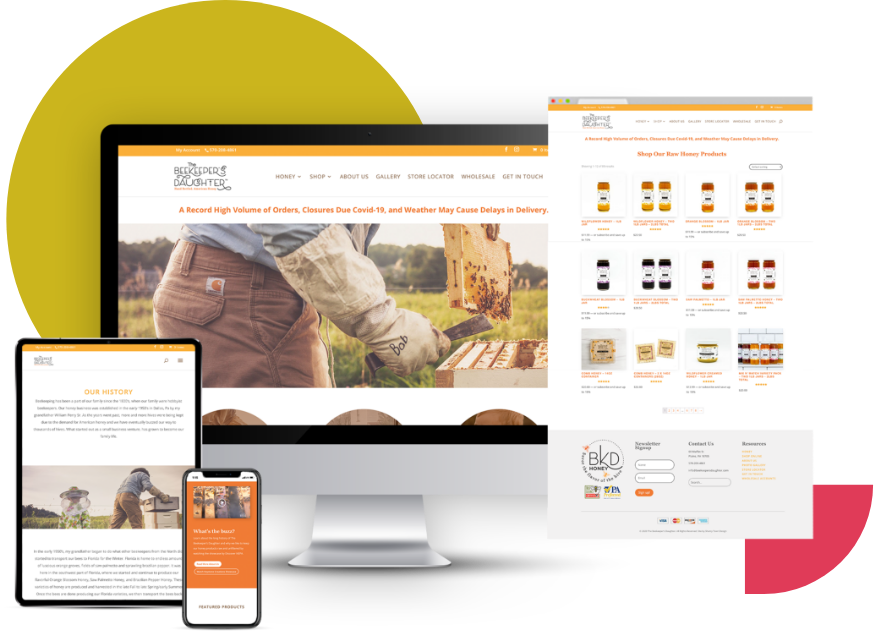 The Beekeeper's Daughter mocked up on various screensizes to display the homepage and e-commerce shop.