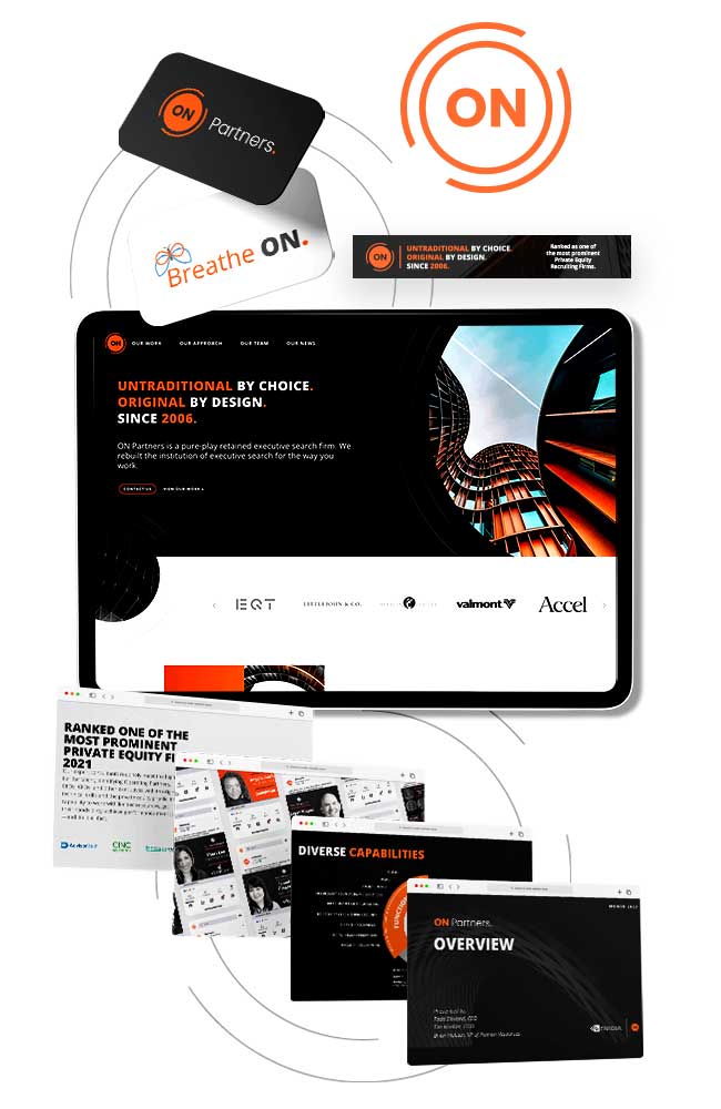 The ON Partners website mocked up on a tablet surrounded by other elements of their brand design.