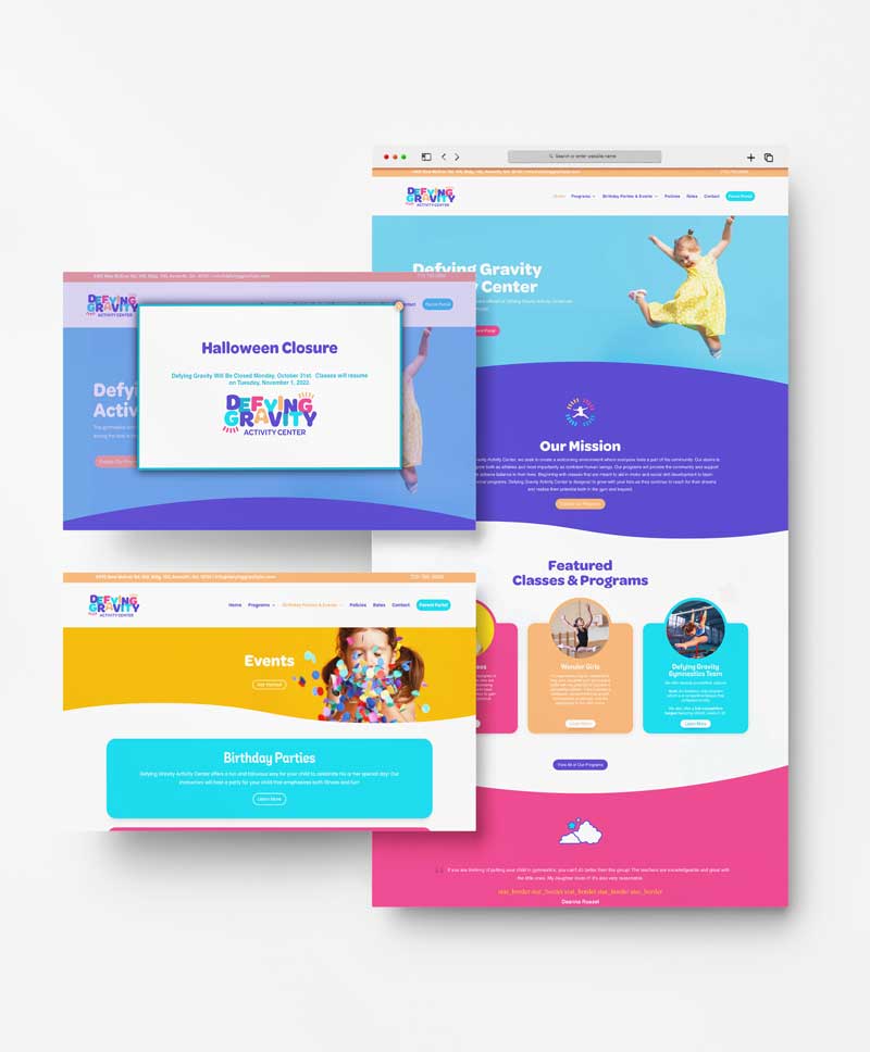 Colorful, and family-friendly website design for Defying Gravity Activity Center