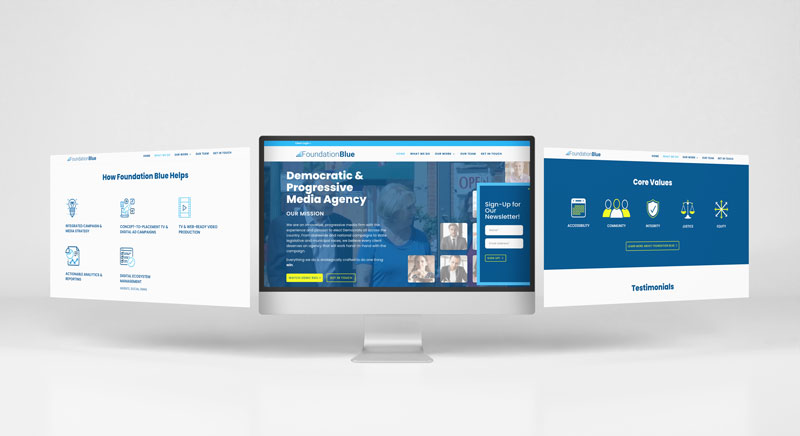 Computer mockup showing various screens from the Foundation Blue Website
